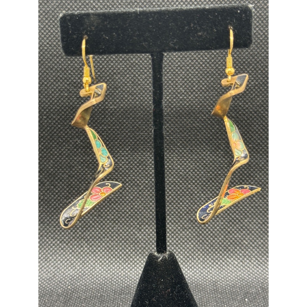 Vintage Cloisonne Enamel Floral Twisted Ribbon Drop Earrings Gold Tone Multi